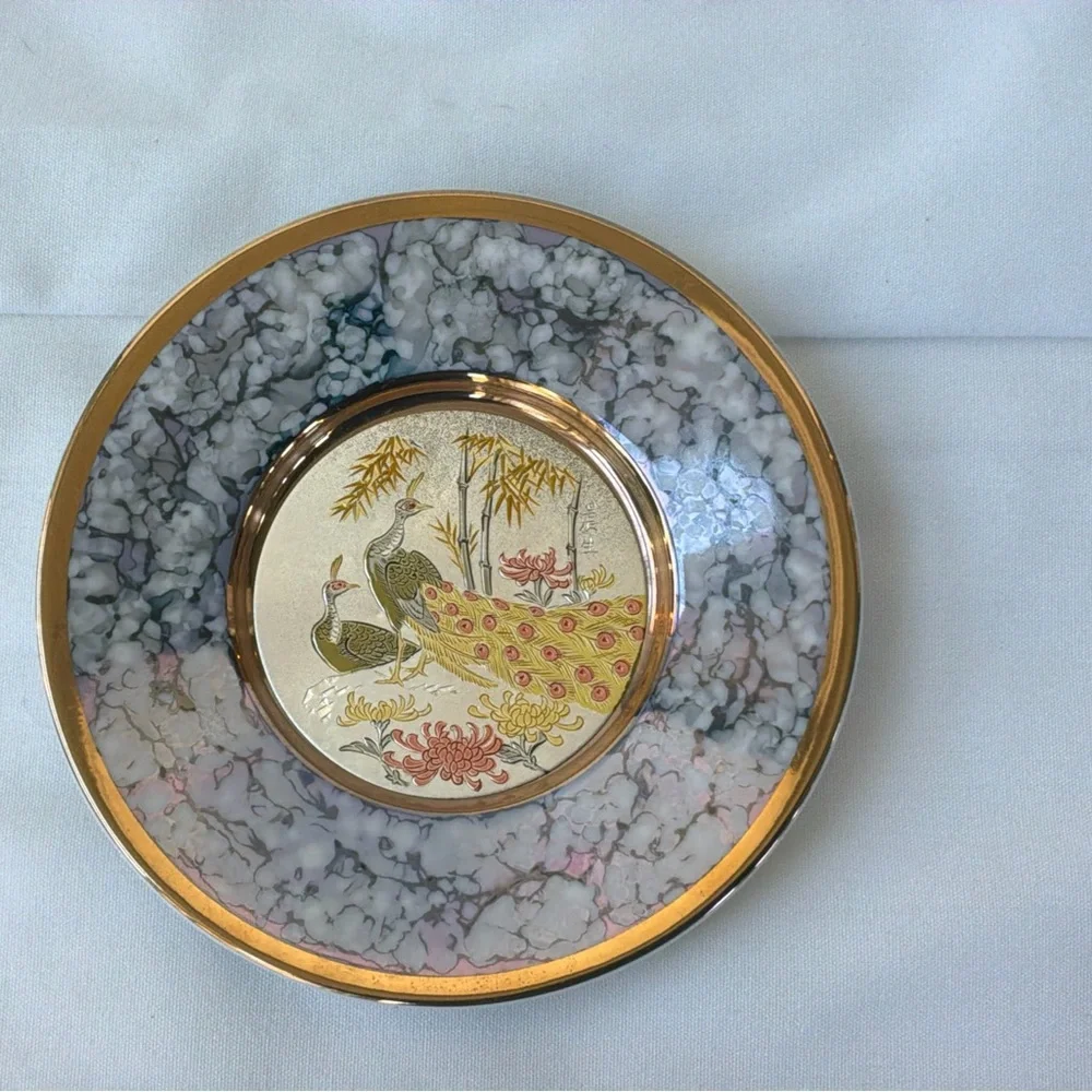 Vintage Art Of Chokin Colorful Japanese Peacocks Trinket Box /Plate